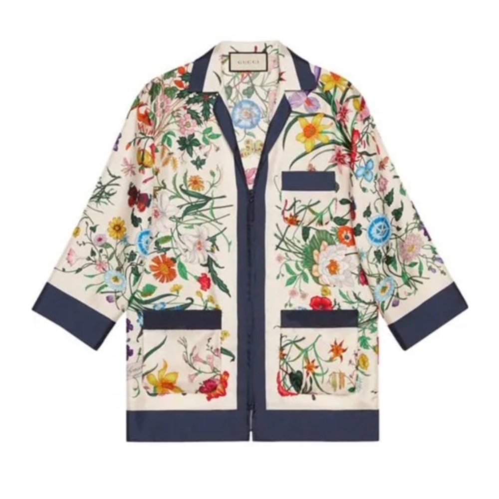 Gucci Blue Floral Print Silk Foulard Shirt